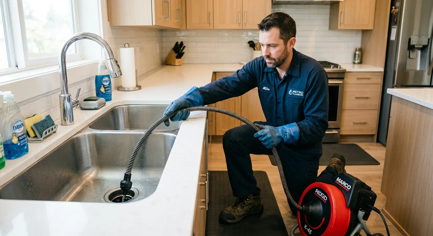 Drain cleaning technician using a motorized snake on a kitchen sink in Diboll