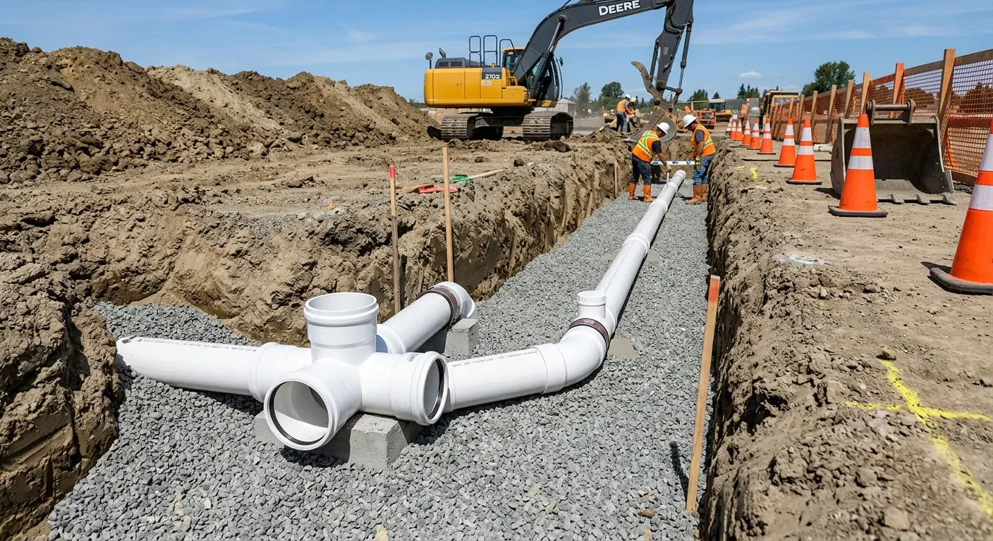 New PVC sewer pipe installation in open trench for Grease Trap Cleaning in Diboll