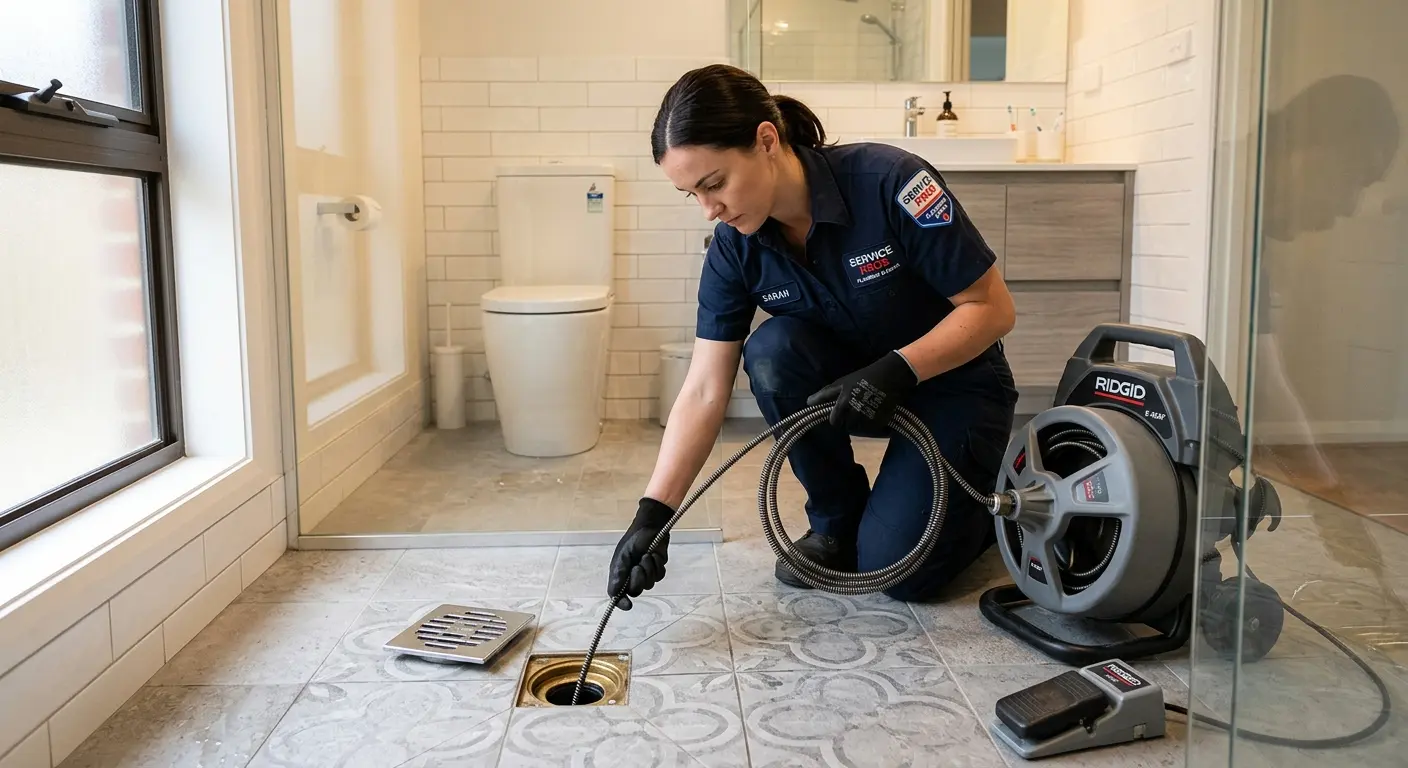 Technician clearing a bathroom floor drain for Drain Cleaning in Diboll